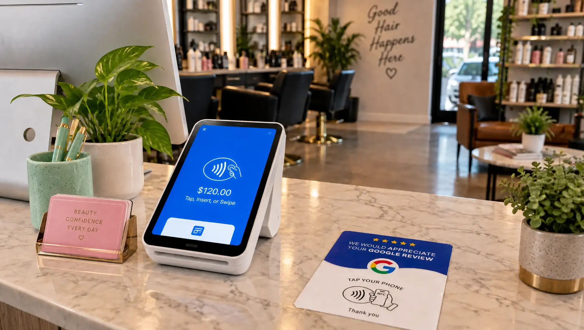 Google Review Tap Card at a beauty salon