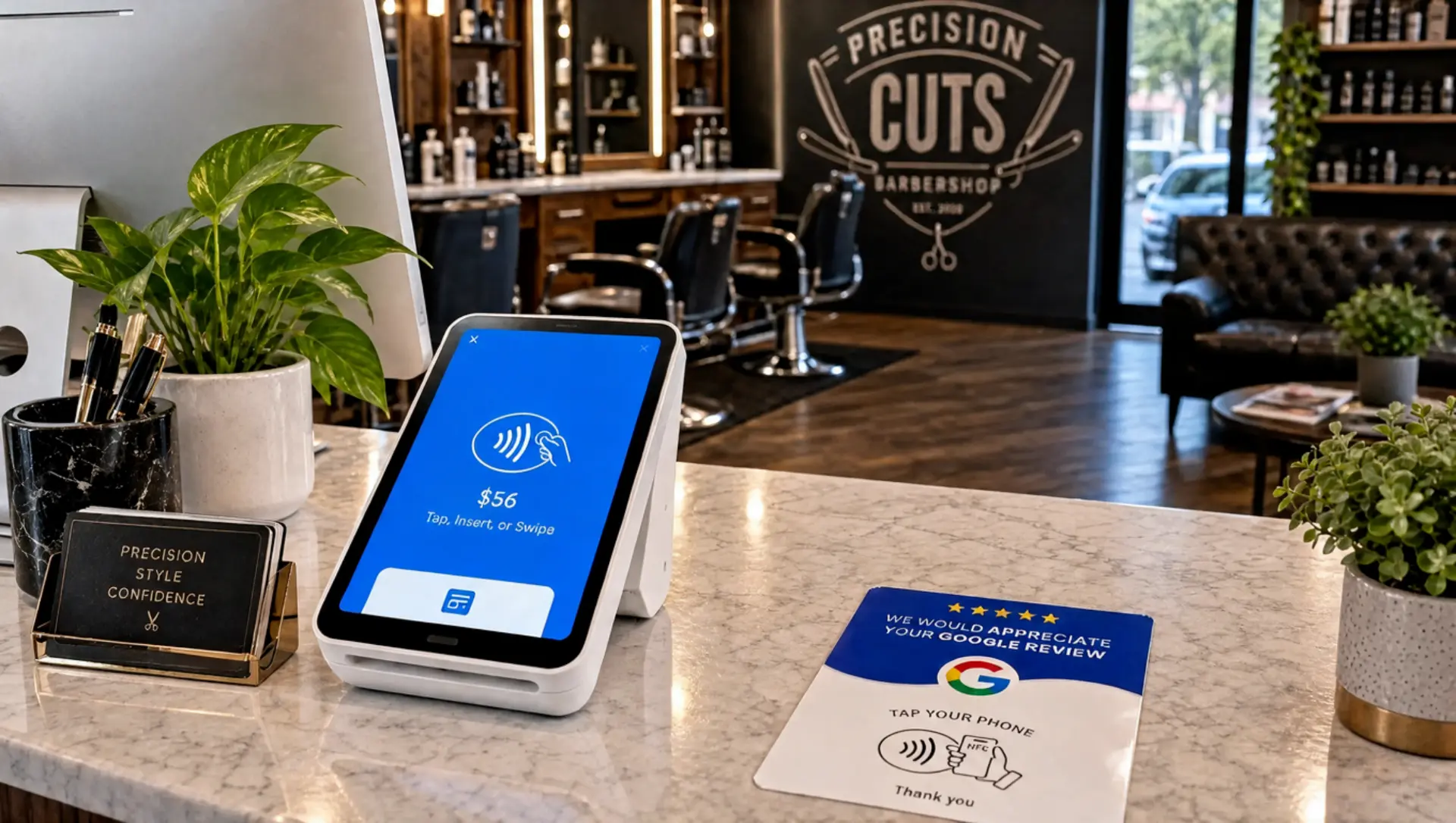 Google Review Tap Card at a barbershop